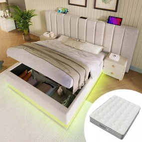 Čalúnená manželská posteľ Hydraulická Led Usb-c béžová matrac