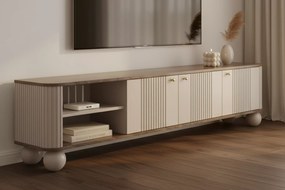 TV stolík Vesper 3D 187 cm - kašmír / orech / zlaté úchytky / guľaté nohy
