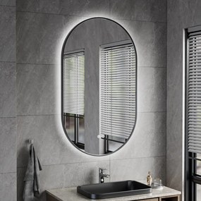 Erga Freya, oválne LED zrkadlo 60x100cm v čiernom kovovom ráme, 3 farby svetla, zadné osvetlenie, vyhrievacia podložka proti zapareniu, ERG-V01-FREYA-6010-BK