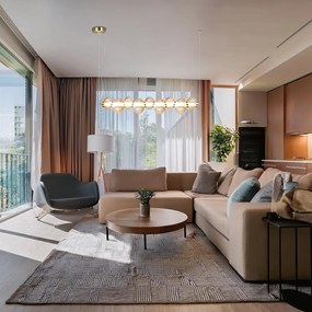 Závesné svietidlo Bolla, 9x jantárové sklenené tienidlo, g