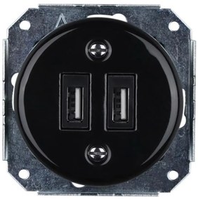 Bohemia-Design - porcelánová retro USB napájacia zásuvka bez rámčeka 2x USB-A čierna