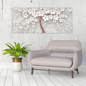 Obraz - Obraz bieleho stromu s kvetinami, rosegold (120x50 cm)
