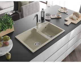 Mexen Tomas, 2-komorový granitový drez 800x500x190 mm a drezová batéria Flora, béžová, 6516-69-670401-07