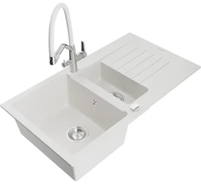 Mexen Matias, 1,5-komorový granitový drez 900x505x200 mm a drezová batéria Duo, biela, 6502-20-671701-02