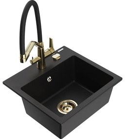 Mexen Milo, granitový drez 435x410x171 mm, 1-komorový a drezová batéria Duo, čierna, 6505-77-671701-57-G
