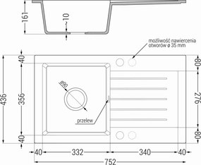 Mexen Pablo, granitový drez 752x436x161 mm, 1-komorový, čierna-strieborná metalíza s čiernym sifónom, 6510751010-73-B