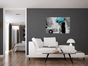 Obraz - Zamilovaný pár s dáždnikom, modrý (90x60 cm)