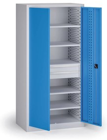 Policová dielenská skriňa na náradie KOVOS, perforovaný panel, 5 polic, 2 zásuvky, 950 x 600 x 1950 mm, modrá