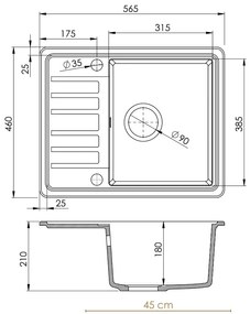 Sink Quality Sapphire, granitový kuchynský drez 565x460x210 mm + zlatý sifón, 1-komorový, čierna škvrnitá-BROCADE, SKQ-SAP.B.1KKO.XG