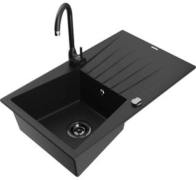 Mexen Cesar, granitový drez 775x470x190 mm, 1-komorový, čierna s čiernym sifónom a čiernou drezovou batériou Telma, 6514-77-670200-70-B
