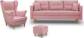 Sedacia Súprava Pohovka Lahti Kreslo Ušiak Denver S Podnožkou Ružová