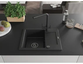 Mexen Enzo, granitový drez 576x465x174 mm, 1-komorový, čierna matná batéria Duero, čierna - strieborná metalíza, 6506-73-671600-70-B