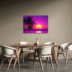 Sklenený obraz - Fialový západ s palmou (70x50 cm)