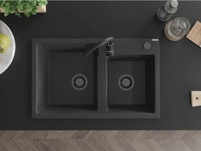 Mexen Tomas, granitový drez 800x500x190 mm, 2-komorový, čierna škvrnitá s čiernym sifónom, 6516802000-76-B