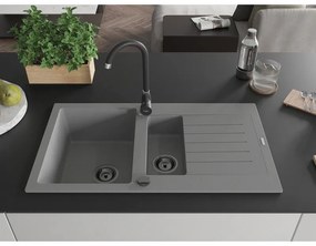 Mexen Matias, granitový drez 900x505x200 mm, 1,5-komorový a čierna batéria Telma, šedá, 6502-71-670200-70-B