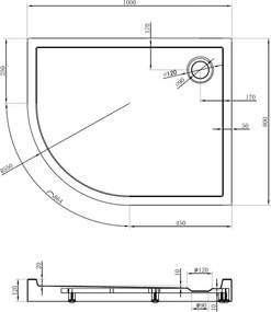 Mexen Flow+ asymetrická štvrťkruhová sprchová vanička, pravá, 100 x 80 cm, čierna matná, 46Q708010RH