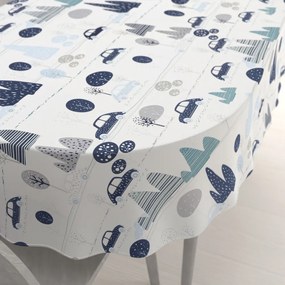 Biante Detský bavlnený oválny obrus Sandra SA-685 Modré autá medzi stromami na bielom 100x140 cm