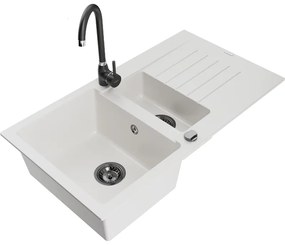 Mexen Matias, granitový drez 900x505x200 mm, 1,5-komorový a čierna batéria Telma, biela, 6502-20-670200-70