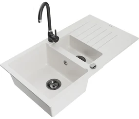 Mexen Matias, granitový drez 900x505x200 mm, 1,5-komorový a čierna batéria Telma, biela, 6502-20-670200-70