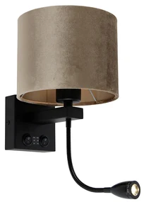 Nástenná lampa čierna s hnedým zamatovým tienidlom 18 cm - Brescia Combi