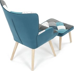 Relaxačné kreslo ušiak LISA + taburet — masív, látka, modrý patchwork