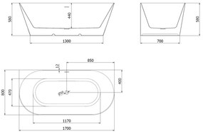 Mexen Oval Slim, voľne stojaca vaňa ku stene, 170 x 80 cm, biela-čierna, zlatý lesklý prepad, 52661708075-50