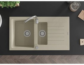 Mexen Matias, granitový drez 900x505x200 mm, 1,5-komorový a chrómová batéria Telma, béžová, 6502-69-670200-00
