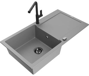 Mexen Leo, 1-komorový granitový drez 900x500x190 mm a drezová batéria Flora, šedá, 6501-71-670401-70-B