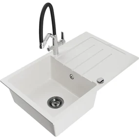 Mexen Bruno, 1-komorový granitový drez 795x495x200 mm a drezová batéria Duo, biela, 6513-20-671701-07-B