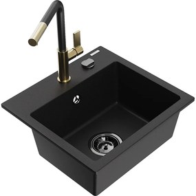 Mexen Milo, 1-komorový granitový drez 435x410x171 mm a drezová batéria Flora, čierna, 6505-77-670401-57-B