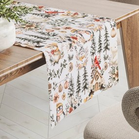 Biante Bavlnený behúň na stôl Sandra SA-709 Zimná rozprávka zeleno-hnedá na bielom 35x120 cm