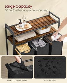 Kôš na prádlo s triedičom, 3 vysúvateľné a vyberateľné tašky, 3 × 40 L, hnedý a čierny