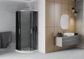 Mexen Rio, štvrťkruhový sprchovací kút s posuvnými dverami 70 x 70 cm, 6mm šedé sklo, chrómový profil + biela sprchová vanička, 863-070-070-01-40-4110