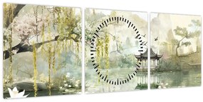 Obraz - Čínske jazero (s hodinami) (90x30 cm)