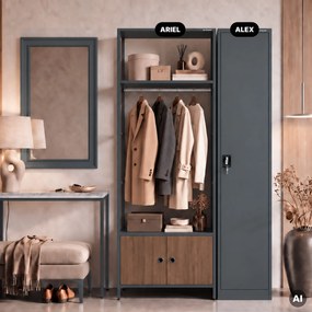 Kancelársky regál otvorený s tyčou na oblečenie, do recepcie a čakárne, kovový, antracitový/orech, 800x2200x400 mm: ARIEL Eco Design