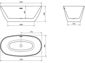 Mexen Eris, voľne stojaca vaňa 155 x 80 cm, biela, brúsený grafit prepad, 53441558000-95