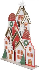 Bielo-červená kovová dekorácia domčeky so snehovými vločkami - 30*8*46 cm