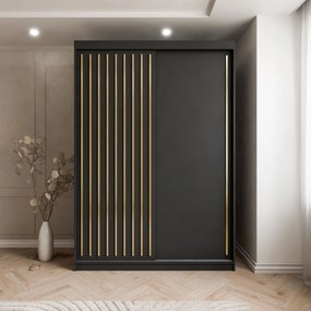 ŠATNÍKOVÁ SKRIŇA S POSUVNÝMI DVERAMI CYNTIA ČIERNA + ZLATÉ LIŠTY 150 cm