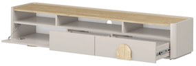 TV stolík Amilio 200 cm so zásuvkami - kašmír / olejovaný dub / úchytky svetlý dub
