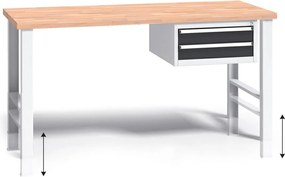 Výškovo nastaviteľný pracovný stôl do dielne G3 so závesným boxom na náradie, buková škárovka, 2 zásuvky, 1500 x 685 x 840 - 1050 mm, grafit
