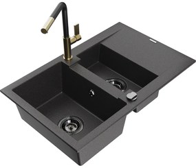 Mexen Gaspar, 1,5-komorový granitový drez 737x475x177 mm a drezová batéria Flora, čierna škvrnitá, 6507-76-670401-57-B