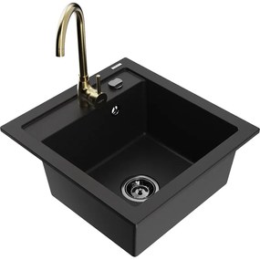 Mexen Vito, 1-komorový granitový drez 520x490x210 mm, zlatá batéria Telma, čierna, 6503-77-670200-50-B