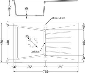 Mexen Cesar, granitový drez 775x470x190 mm, 1-komorový, čierna-zlatá metalíza s čiernym sifónom, 6514771010-75-B