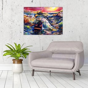 Sklenený obraz - Loď na oceánskych vlnách, aquarel (70x50 cm)