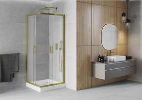 Mexen Rio, štvorcový sprchovací kút s posuvnými dverami 70(dvere) x 70(dvere) x 190 cm, 6mm sklo námraza, zlatý profil + biela sprchová vanička RIO, 860-070-070-50-30-4510
