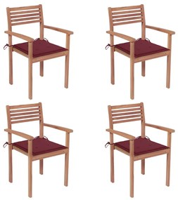 Záhradné stoličky 4 ks vínovo-červené podložky teakový masív 3062298