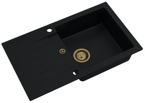 Sink Quality Natalie, kuchynský granitový drez 770x450x170 mm + zlatý sifón, čierna, SKQ-NAT.C.1KDO.XG