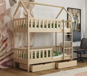 Detská poschodová domčeková posteľ z masívu borovice AURÉLIE so šuplíkmi - 200x90 cm - PRÍRODNÁ BOROVICA