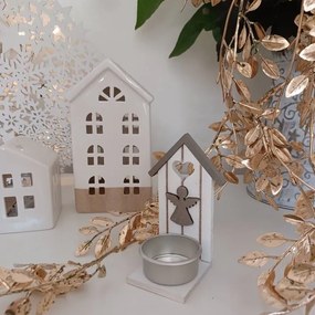 DECOLED Drevený svietnik, domček s anjelom, 10,5x5 cm