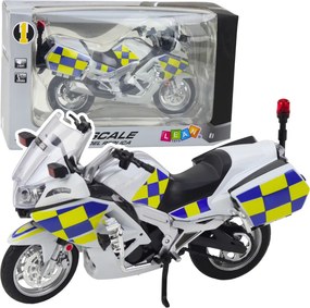LEAN Toys Policajný motocykel z kovu so svetlami a zvukmi, biely, mierka 1:12